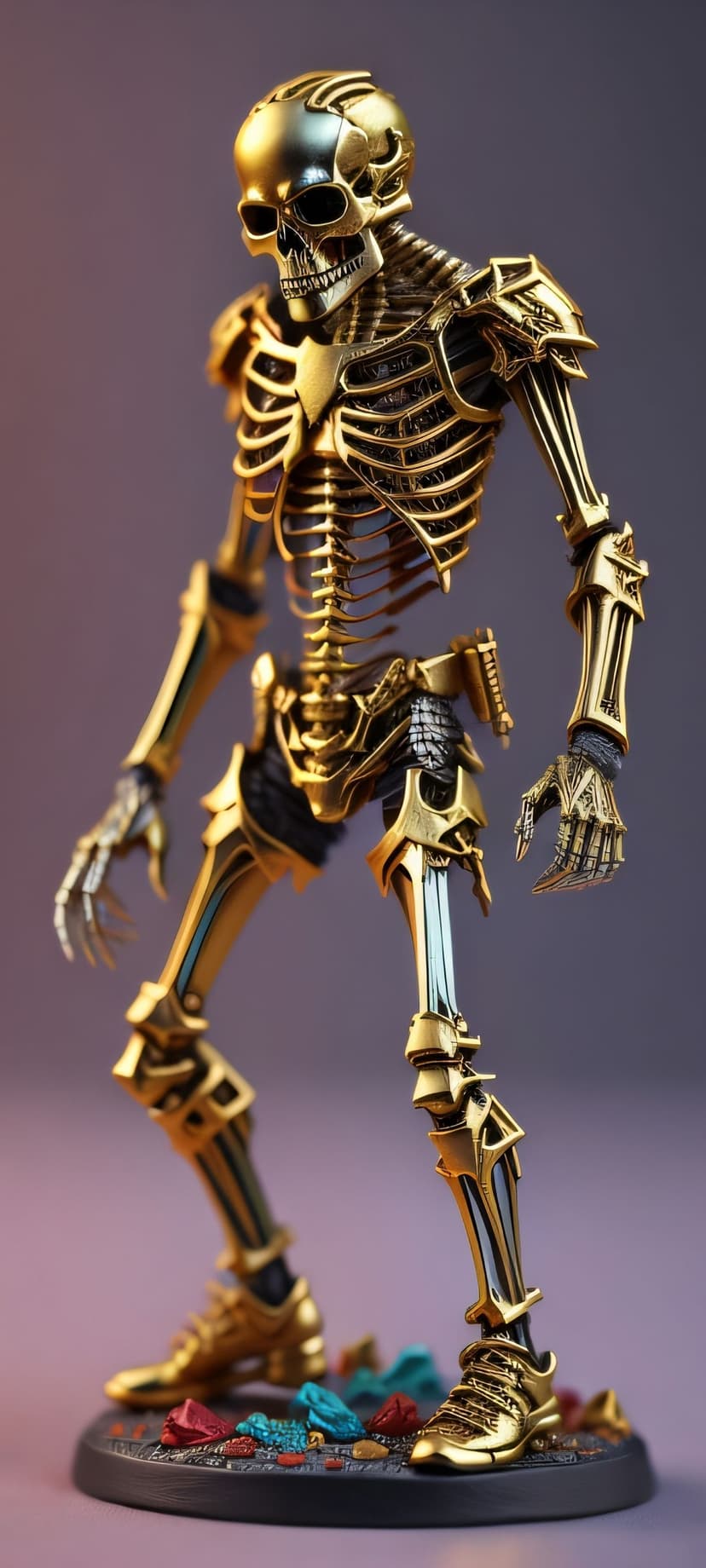 Skeletal knight wearing intricate gold-plated armor with a metallic ribcage and vibrant gems at its feet.