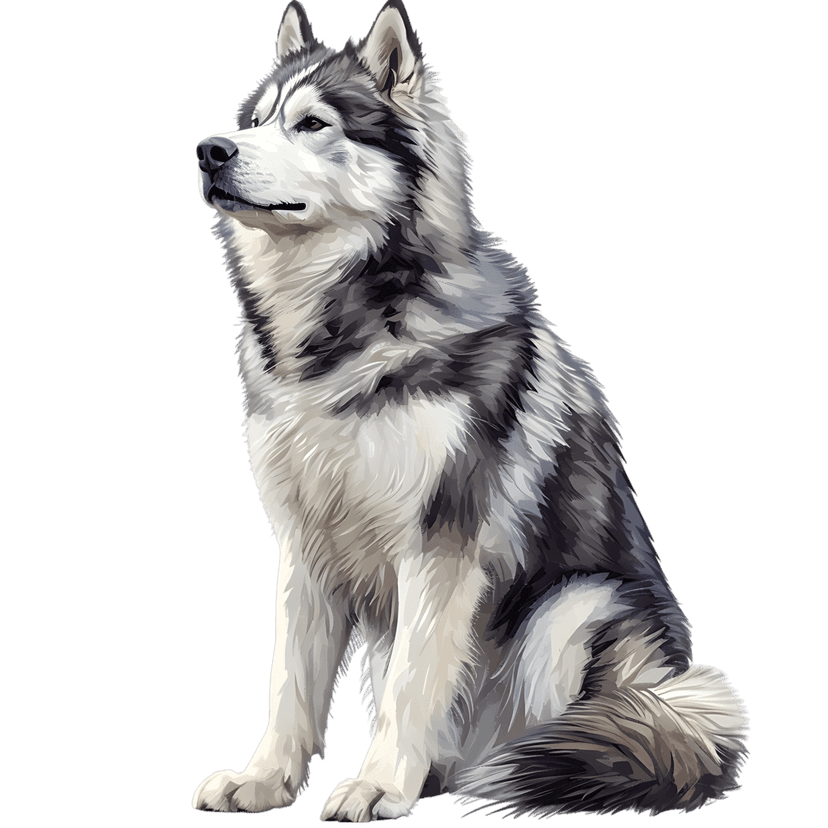 Alaskan Malamute dog sits alert showing its thick grey and white fur texture against a solid black background.