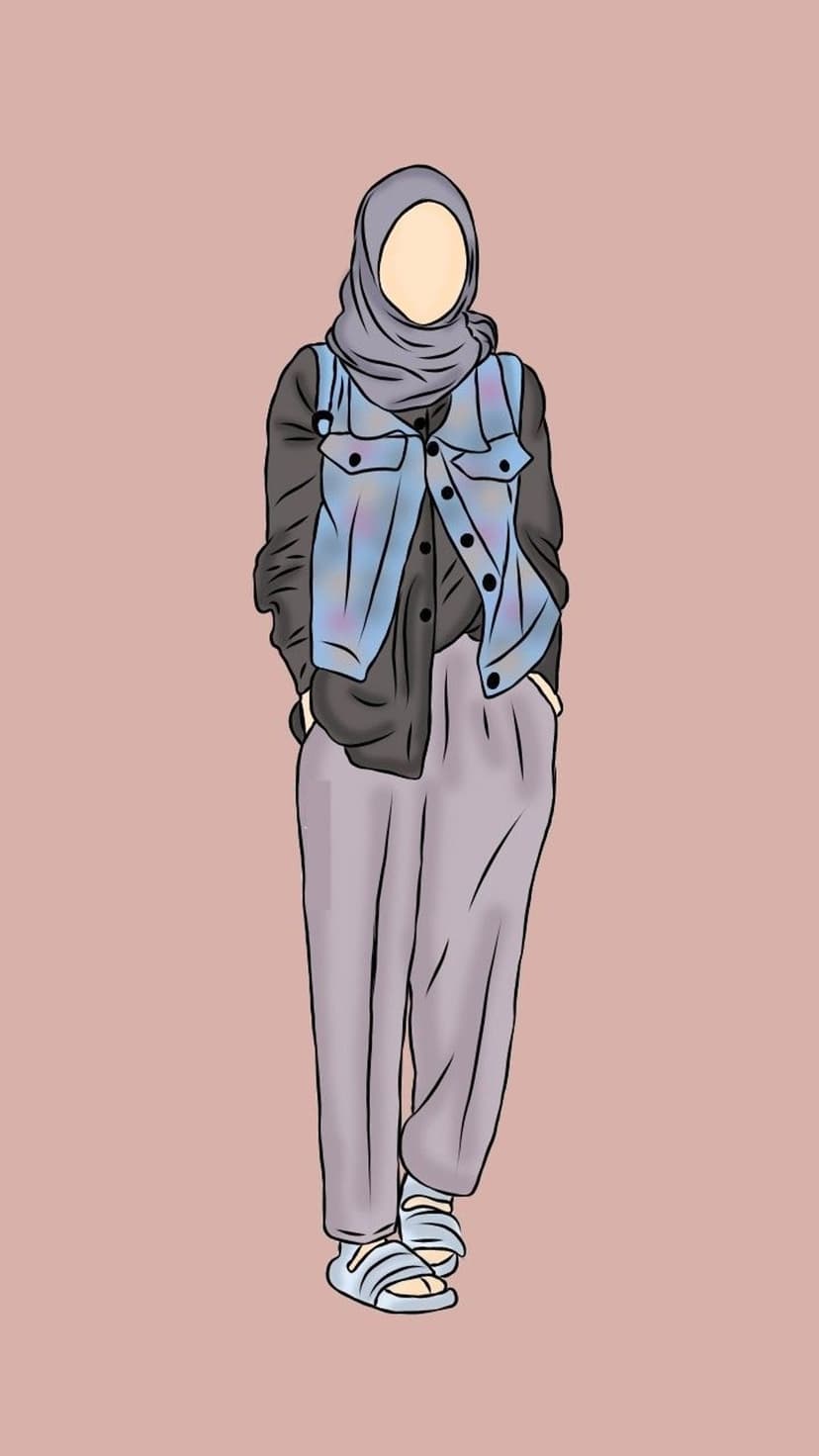 Woman in a grey hijab and light blue denim vest stands in loose pants and sandals against a soft pink backdrop.