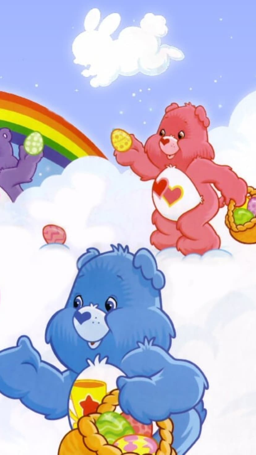 Pink and blue bears collect pastel eggs on fluffy white clouds beneath a bright rainbow and a rabbit-shaped cloud.