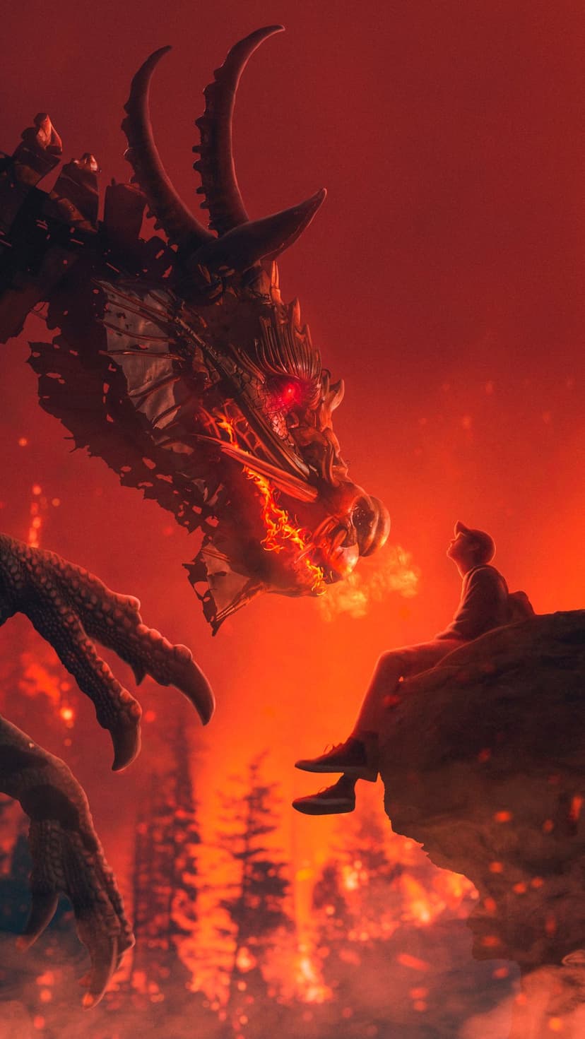 Colossal dragon exhaling flames at a person on a cliff edge under a blood-red sky with smoldering trees.