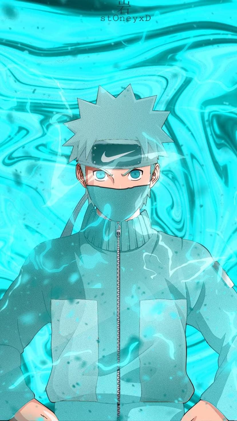 Masked character with glowing blue eyes and spiky hair wears a Nike headband amid swirling azure lightning.
