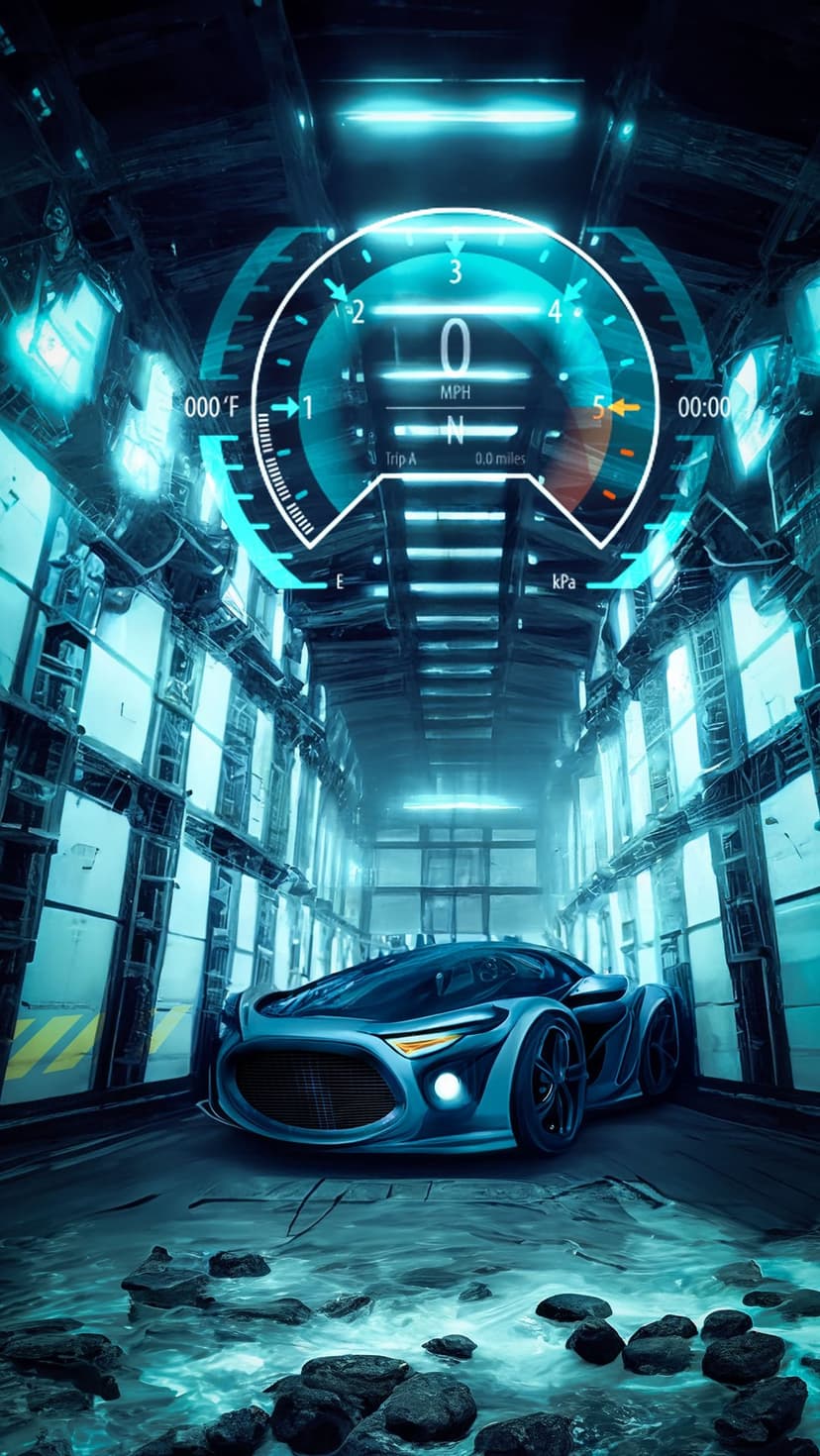 Blue sports car with glowing headlights parked in a dark metallic tunnel featuring blue neon lights and a HUD.