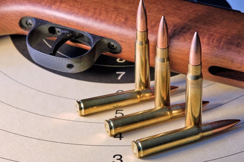 Rifle trigger and brass ammunition cartridges lie on a concentric paper shooting target with wood grain texture.