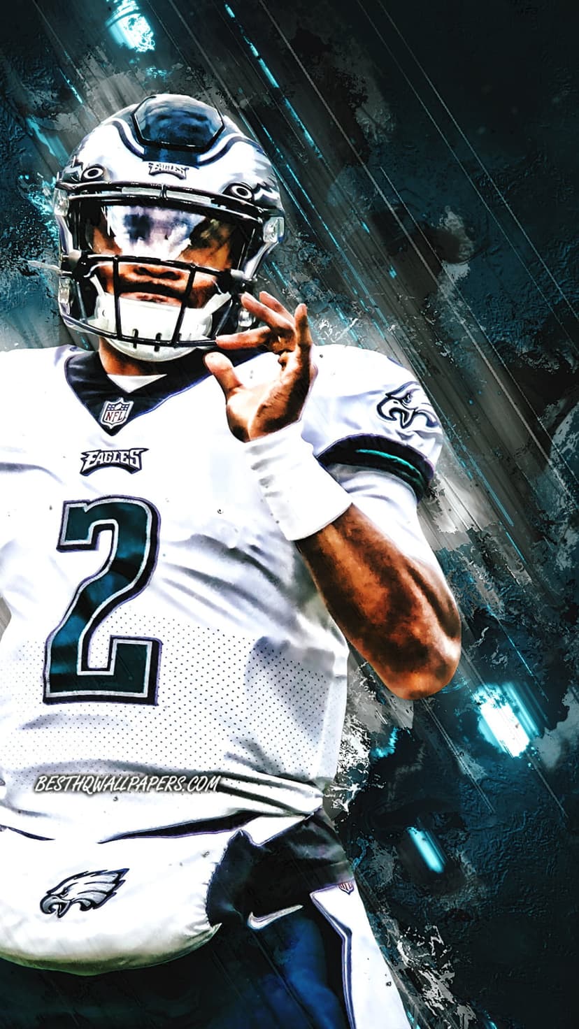 Jalen Hurts in a white Eagles jersey stands against a dark background with abstract glowing blue light streaks.