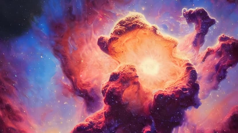 Swirling red and blue nebula clouds centered around a bright glowing white core in a star-filled deep space void.