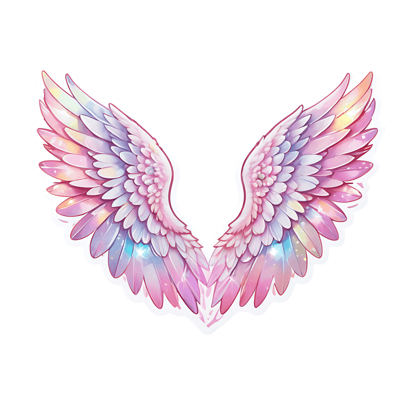 Symmetrical angel wings sticker features iridescent pink and purple feathers with a glossy white outline.