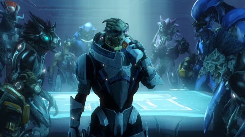 Turian soldier in blue armor drinks from a fast food cup while standing by a glowing holographic table with aliens.