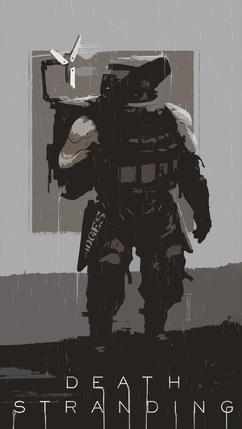 Sam Porter Bridges in heavy gear under falling rain with Death Stranding logo at the bottom.
