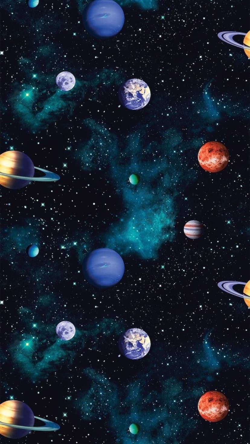 Textured spherical planets and a swirling purple nebula surround bright distant stars in a dark cosmic void.