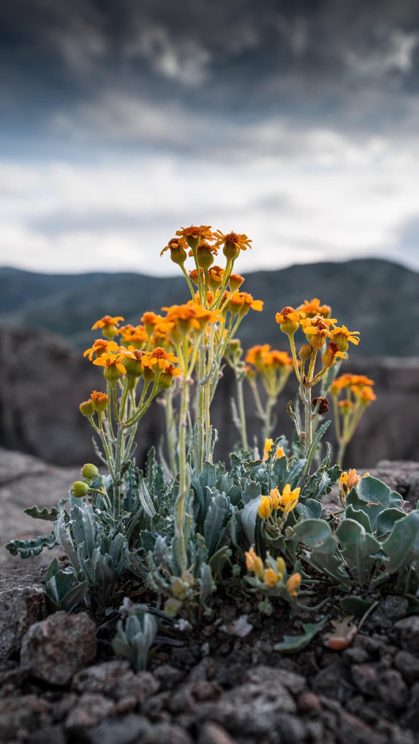 Orange wildflowers grow among gray jagged rocks under a cloudy sky with blurred mountains in the distance.