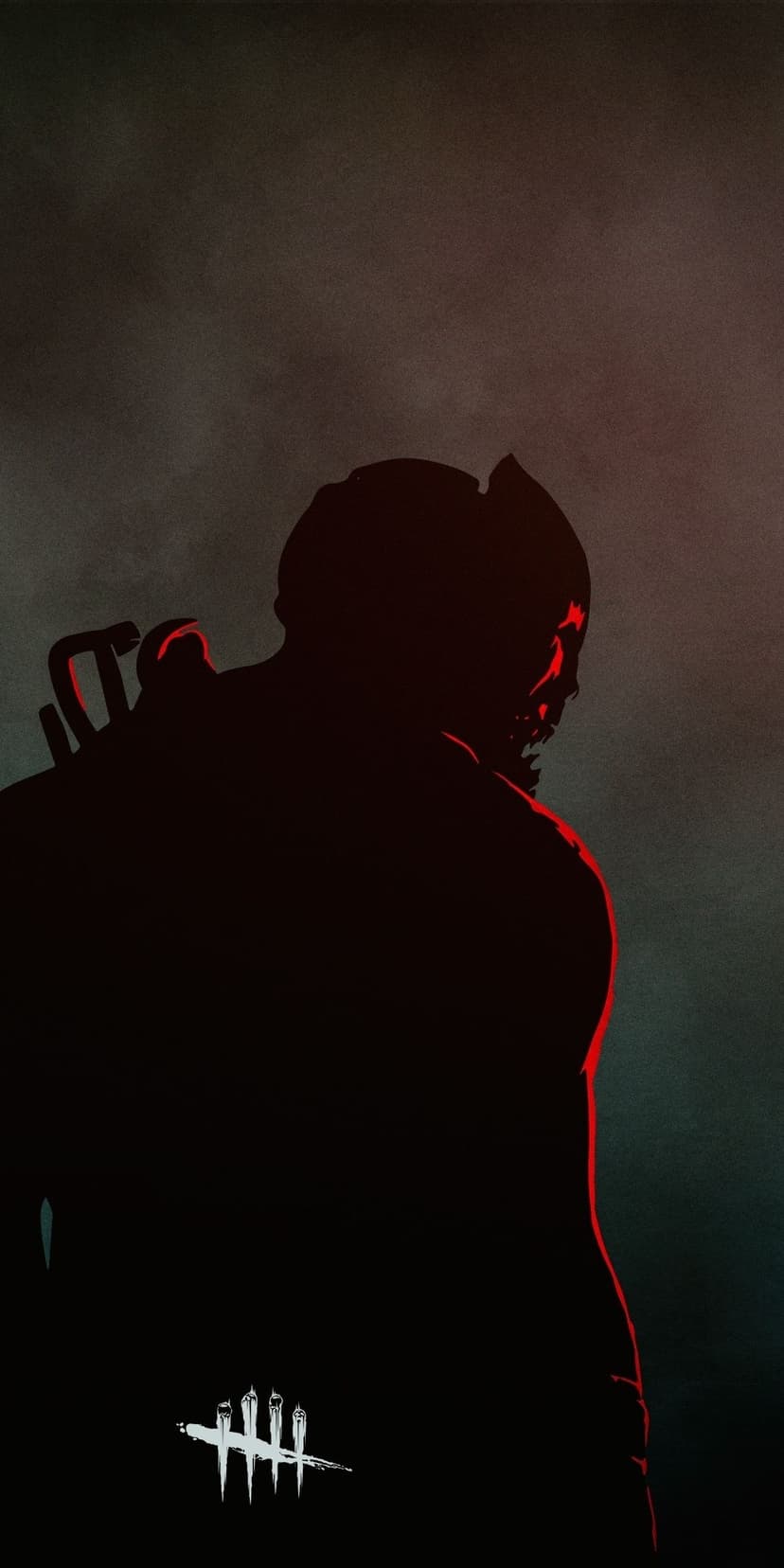 Silhouette of The Trapper from Dead by Daylight with red rim lighting and skull logo on dark textured background.