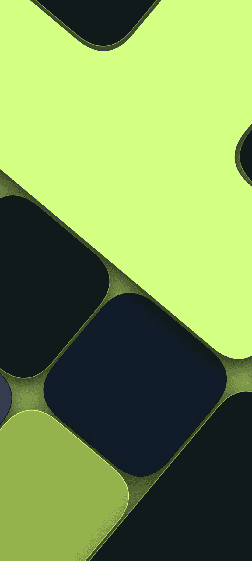 Rounded lime green and navy blue diamond shapes overlap with subtle shadows in a diagonal geometric pattern.