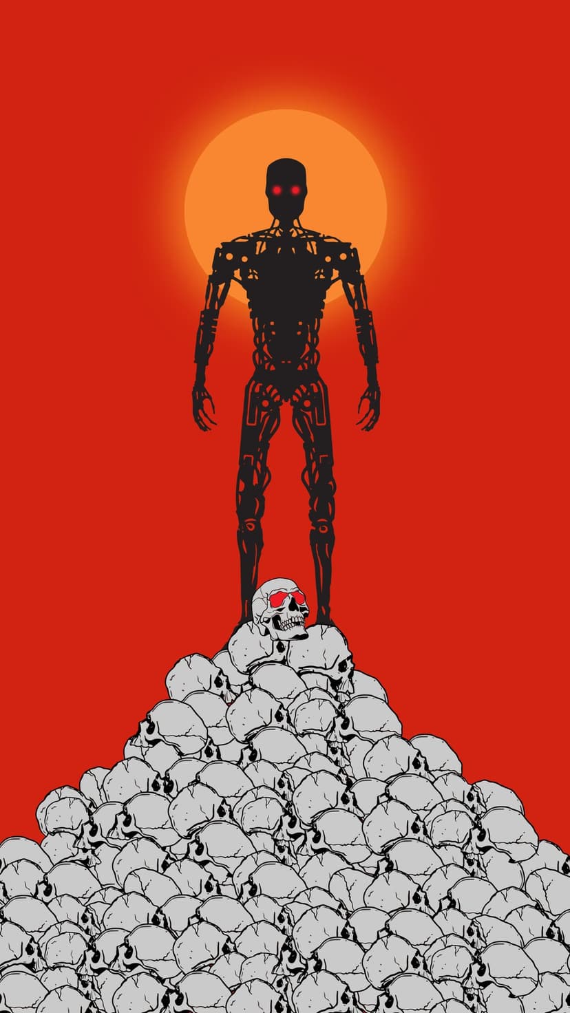 Robotic endoskeleton with red eyes stands on a pile of human skulls against a large orange setting sun.