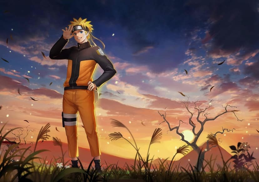 Naruto Uzumaki stands in a field of tall grass under a purple and orange sunset sky with a bare tree nearby.