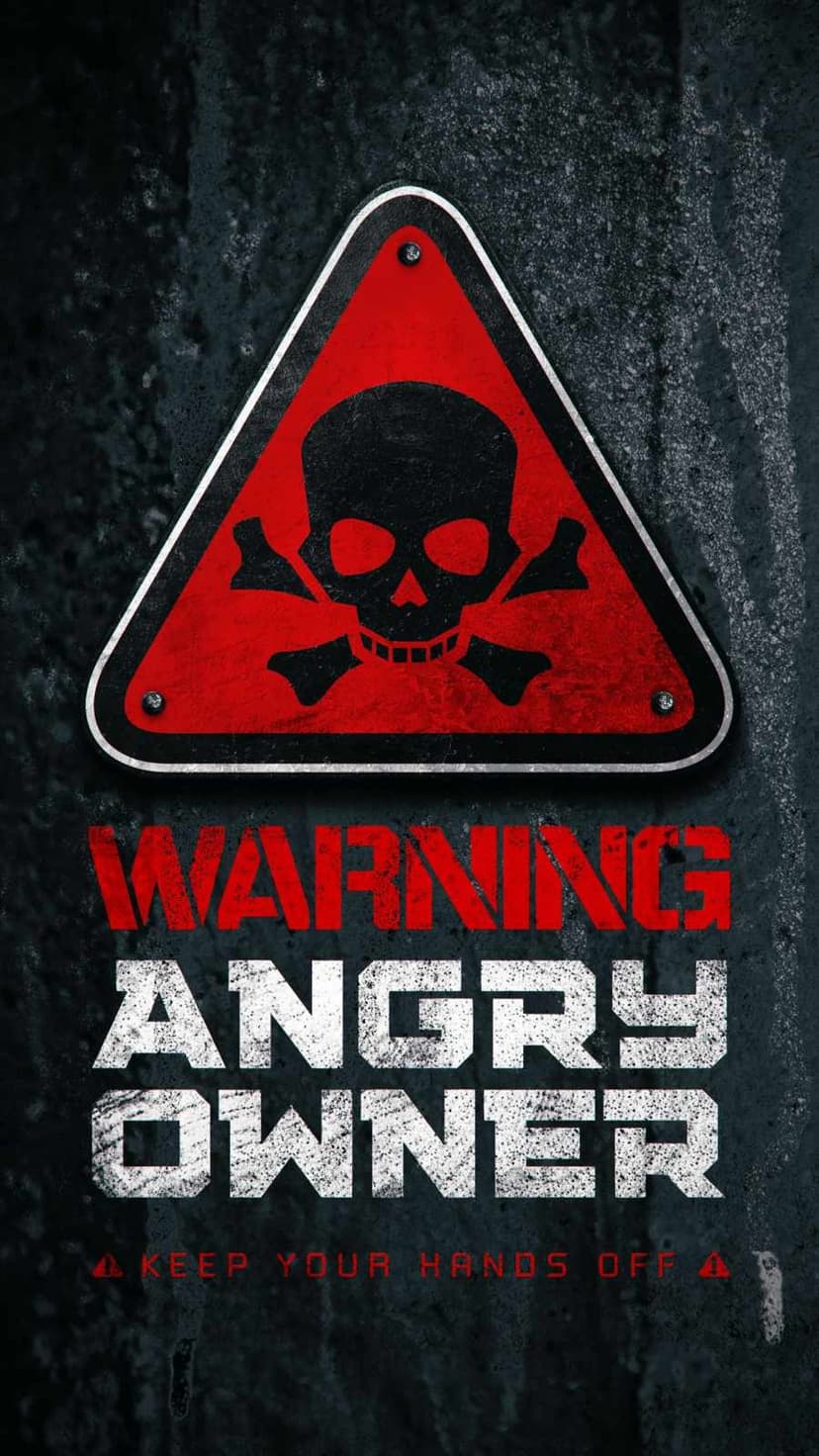 Red warning triangle with a skull icon above bold text on a dark and distressed textured backdrop.