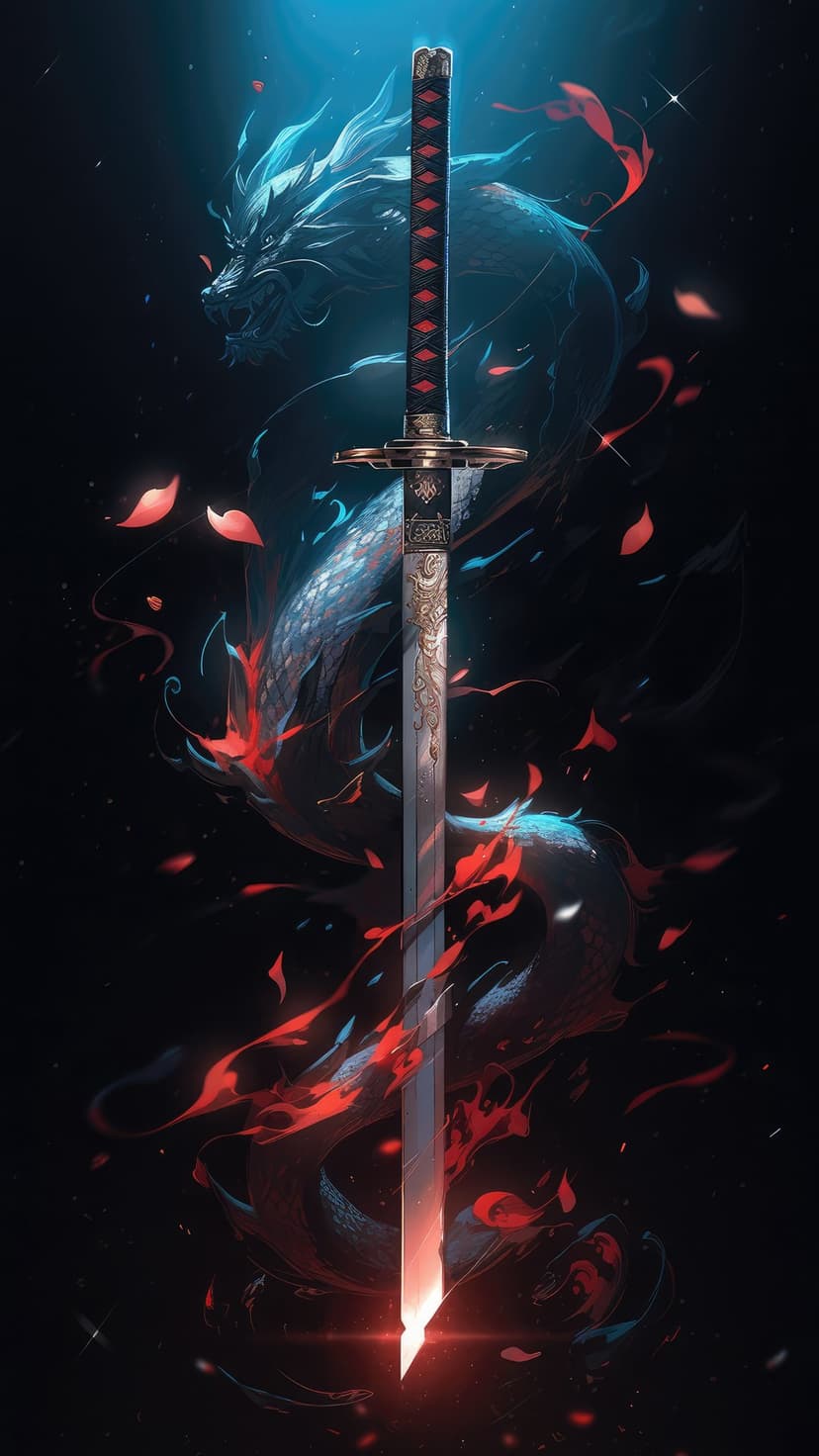 Samurai sword with dragon carvings and a glowing red edge surrounded by floating crimson petals in the dark.