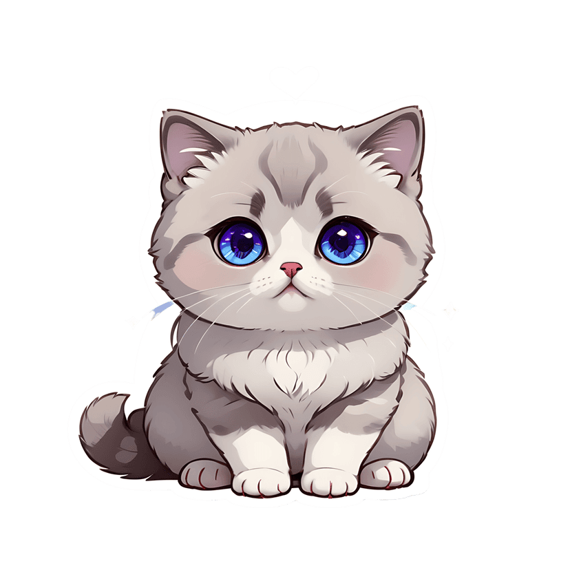 Light gray kitten sticker with large blue eyes and fluffy fur sits front-facing within a white border outline.