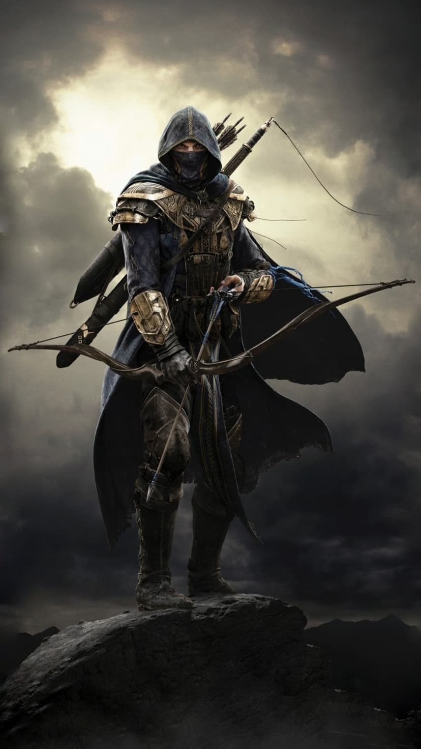 Hooded archer wearing steel armor stands with a bow on a jagged cliff beneath a dramatic, swirling storm sky.