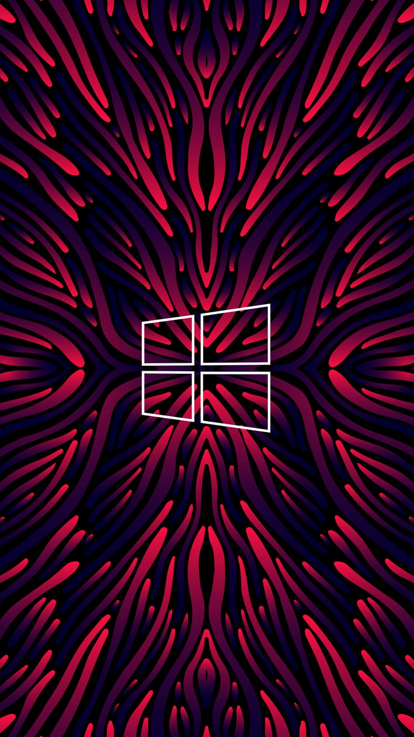 White Windows logo centered on a dark background with symmetrical flowing red and purple neon light filaments.
