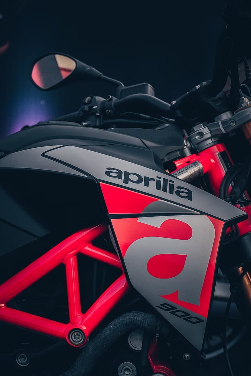 Aprilia motorcycle front fairing featuring a red trellis frame, gray emblem, and logo on a dark background.