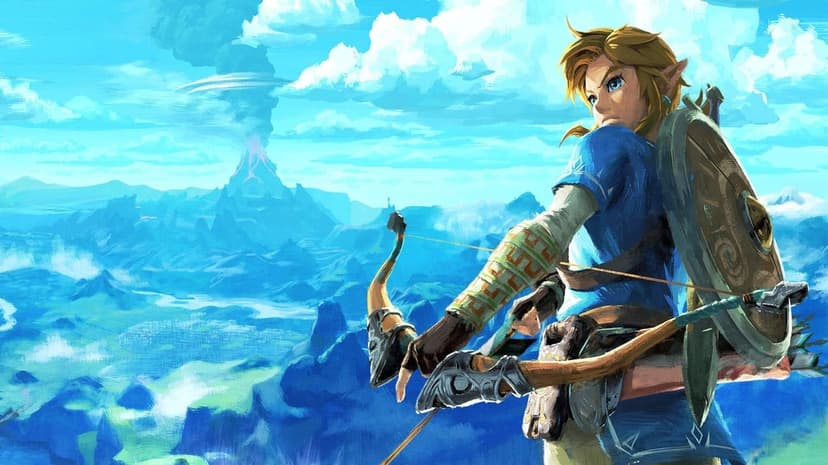 Blonde hero Link with bow and shield looks back at an erupting volcano in a bright blue mountain landscape.