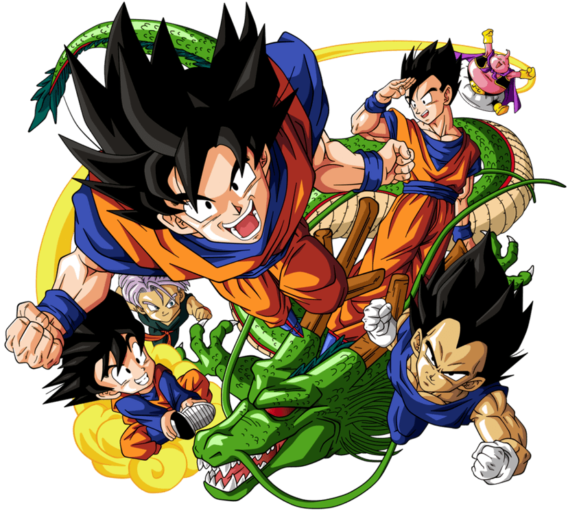 Dragon Ball Z character PNG showing Goku, Vegeta, and Gohan in fighting poses with spiky hair and Saiyan armor.