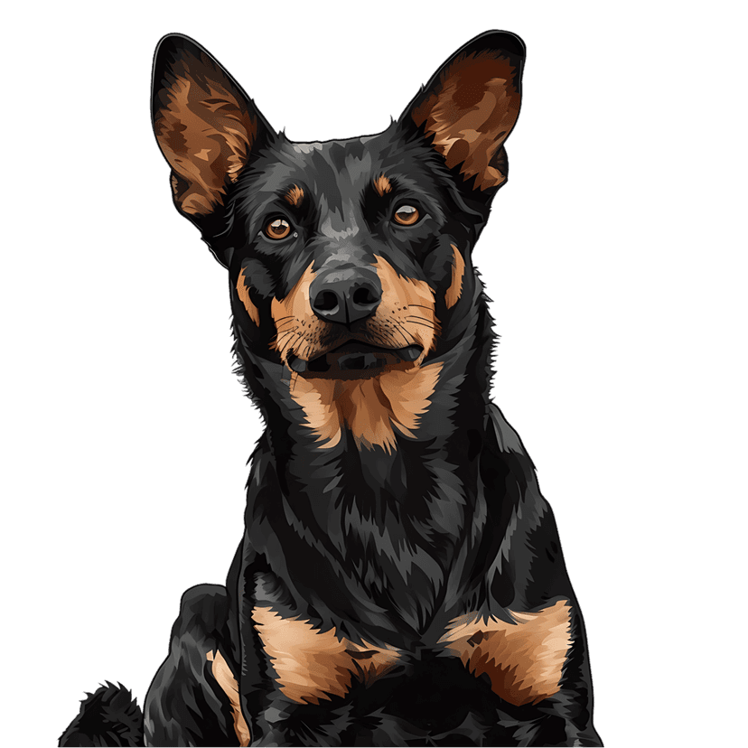 Australian Kelpie dog portrait featuring black fur, tan markings, and pointed ears against a transparent backdrop.