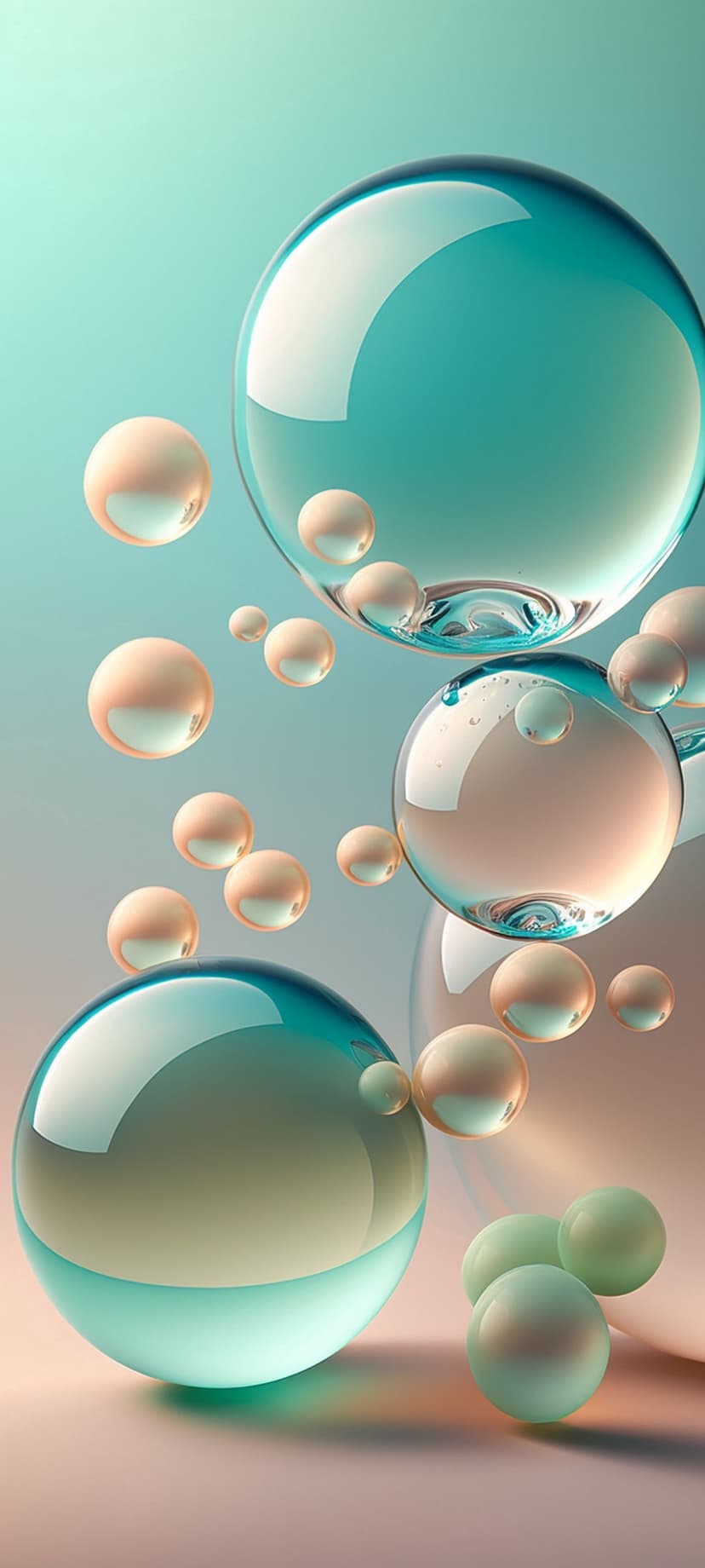 Translucent glass spheres in turquoise and peach float against a soft gradient with realistic light reflections.