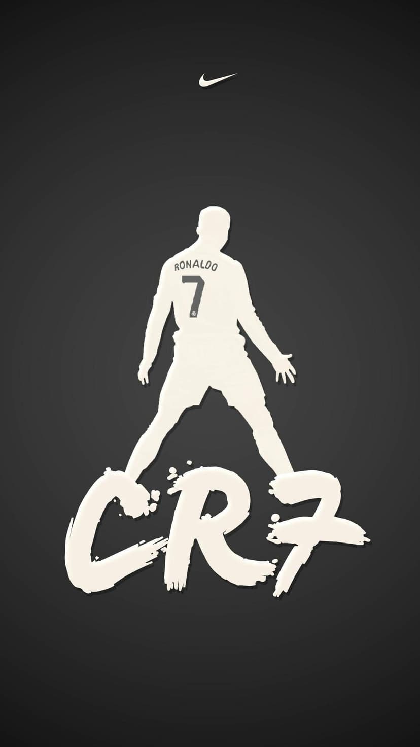 Cristiano Ronaldo silhouette in a dynamic sports pose with CR7 text and a Nike logo on a dark background.