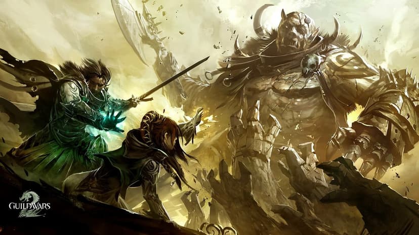 Armored knight with glowing teal magic and a rogue fighting a massive stone giant in a dusty arena.