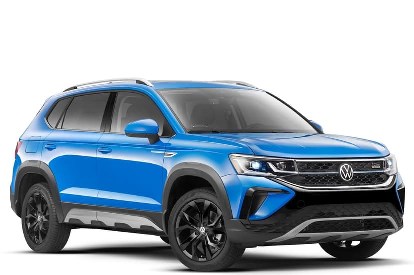 Blue Volkswagen Taos SUV with black wheels and silver accents against a clean white studio background.