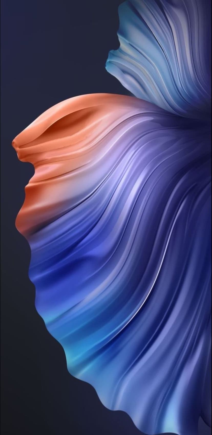 Iridescent orange and purple liquid swirls flowing in a vertical composition with smooth gradients and reflections.