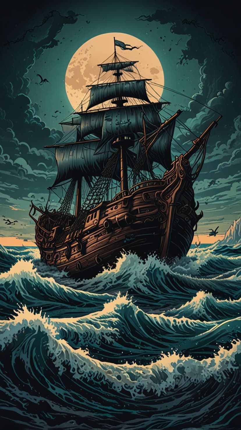 Pirate galleon sailing through turbulent dark ocean waves under a bright full moon and heavy nocturnal clouds.
