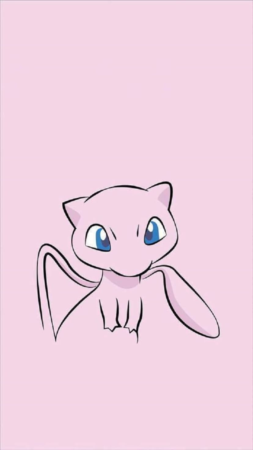 Mew floats in a seated pose centered on a solid pink background with its long tail curling upward.