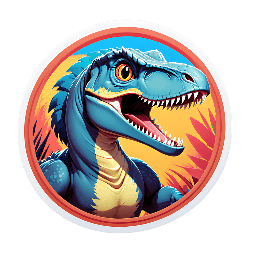 Blue raptor dinosaur profile illustration features an open mouth with sharp teeth and tropical leaf accents.