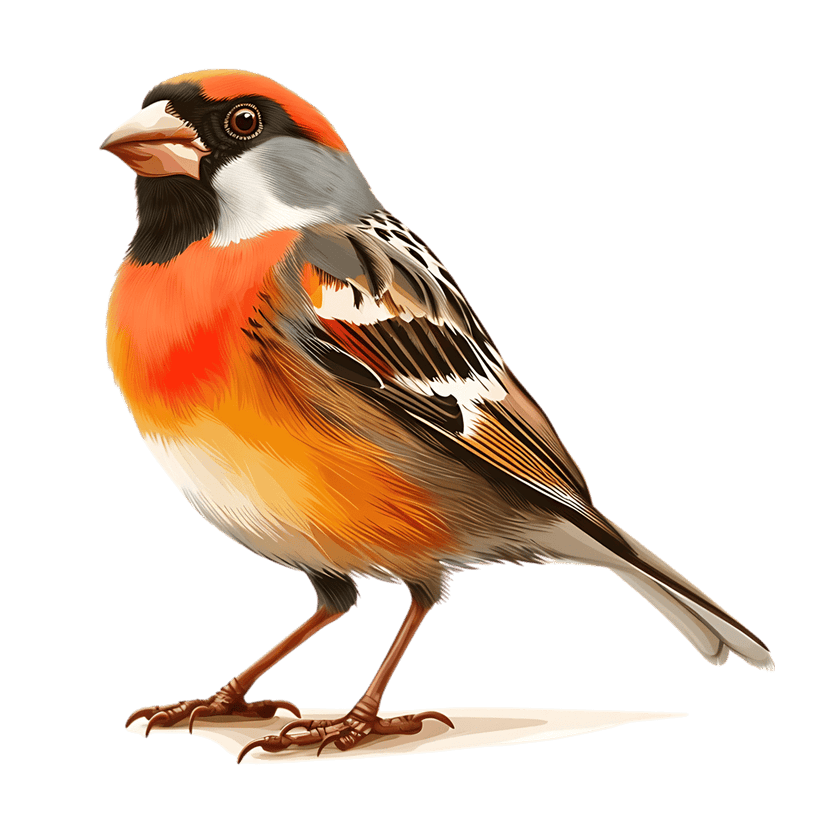 Orange songbird digital illustration with grey wings and a sharp beak perched on a black background profile view.