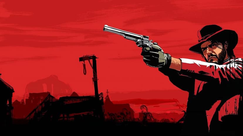 Cowboy in a hat aiming a silver revolver against a red sky with a silhouette of a gallows and town.