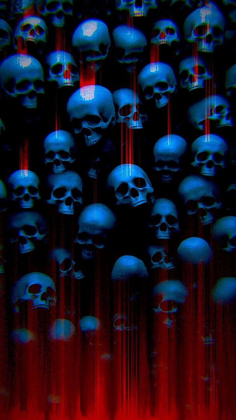 Blue skeletal faces cluster under vertical red glitch lines against a black void in a high-contrast composition.