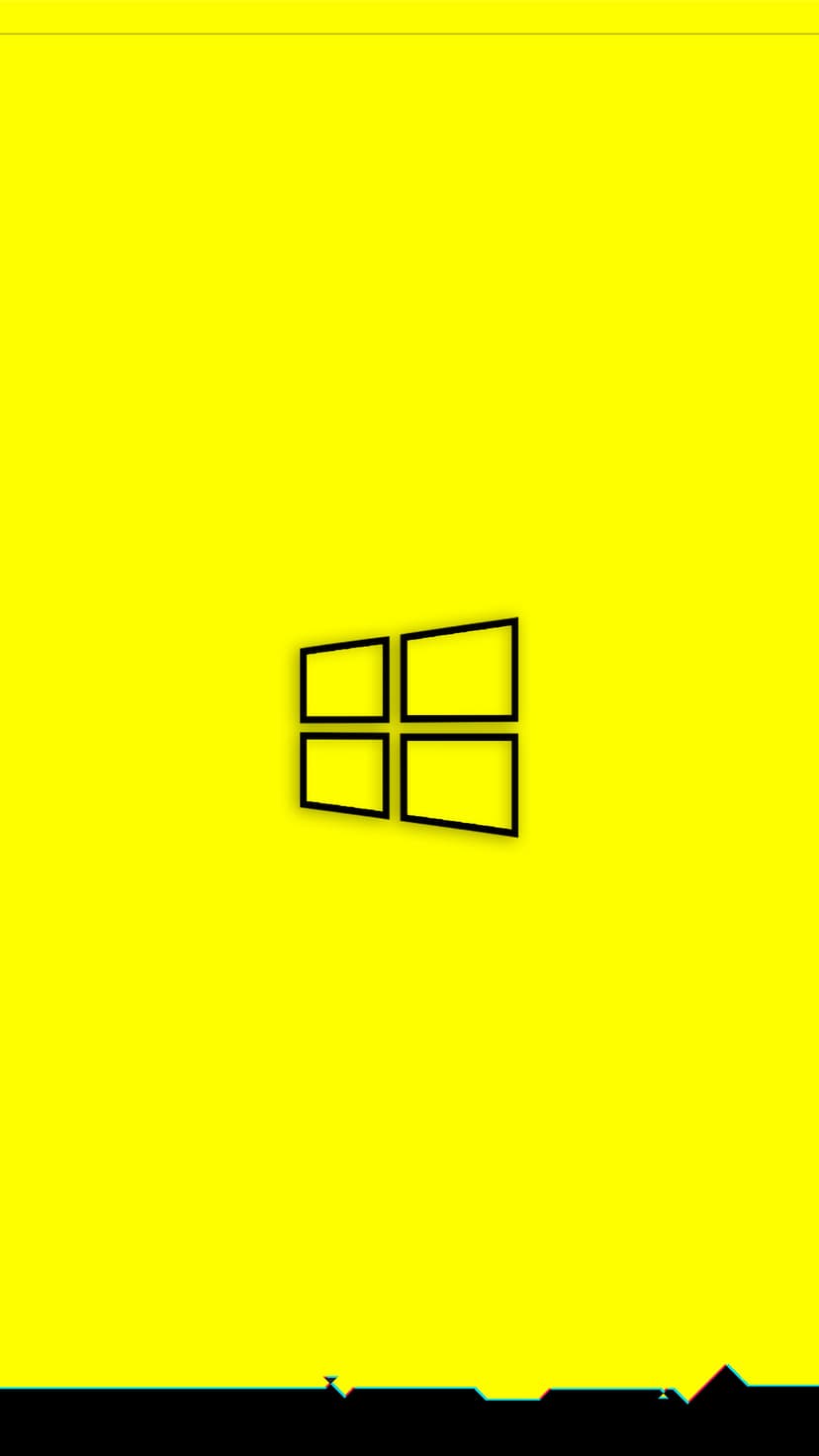 Windows logo in black outline with a subtle shadow on a bright yellow backdrop above a glitchy bottom border.