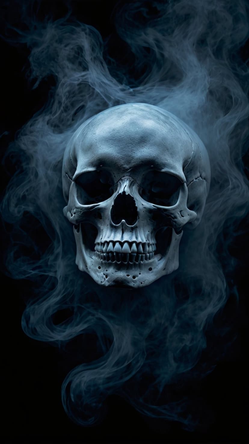 Human skull with hollow eyes rising from swirling blue smoke against a dark background for mobile screens.