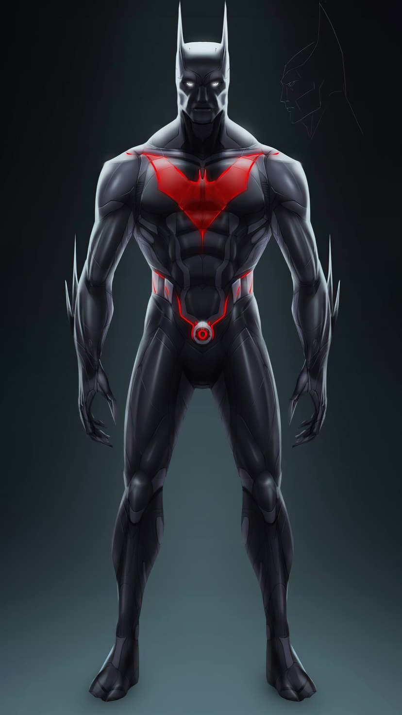 Batman Beyond in a sleek black suit with a glowing red chest emblem and sharp metallic finger claws.