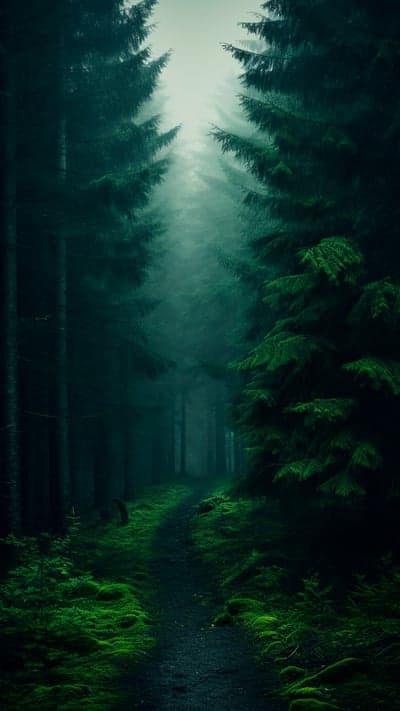 Misty Forest Path Surrounded by Evergreen Trees