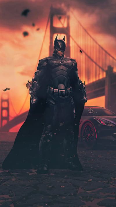 Batman Stands Guard Before Golden Gate Bridge at Sunset