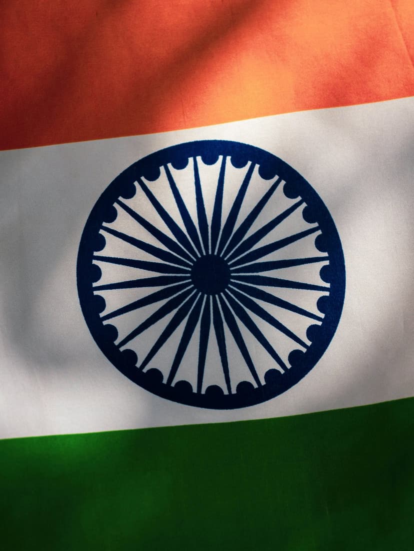 Saffron, white, and green flag fabric featuring a detailed navy blue Ashoka Chakra with twenty-four spokes.
