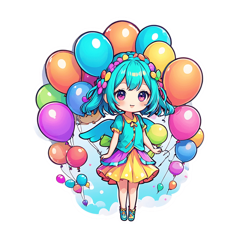 Chibi fairy character with turquoise hair holds colorful glossy balloons while floating near white clouds.