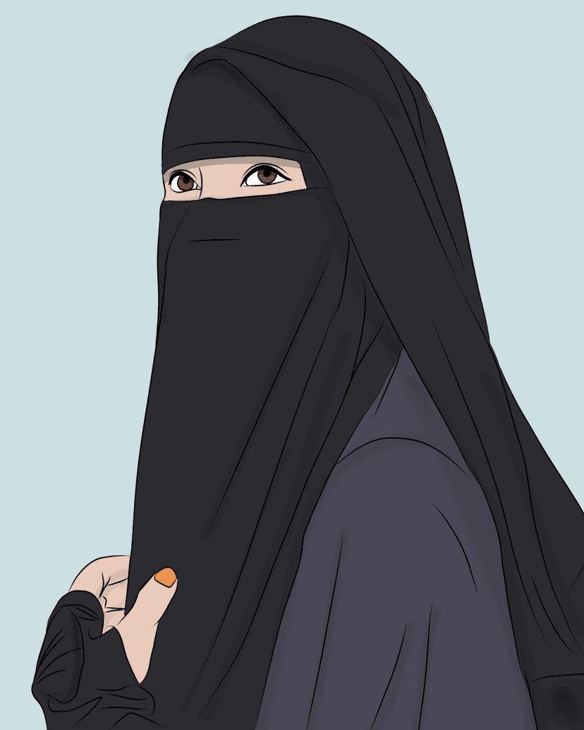 Woman in a black niqab with expressive brown eyes and an orange fingernail against a light blue background.