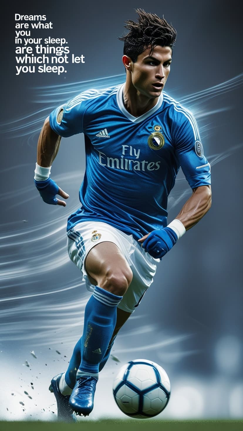 Cristiano Ronaldo wears a white jersey and gazes forward intensely against a dark, textured quote backdrop.