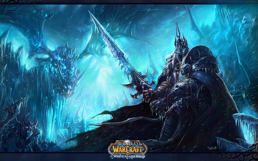 The Lich King in dark armor holds a glowing blue sword before a skeletal dragon in an icy cavern landscape.