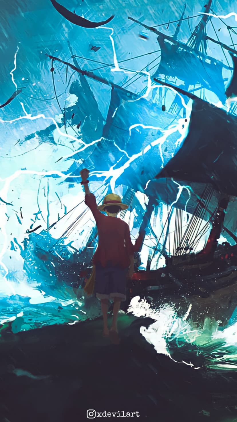 Monkey D. Luffy stands on rocks facing a turbulent sea with bright lightning and a pirate ship in the background.